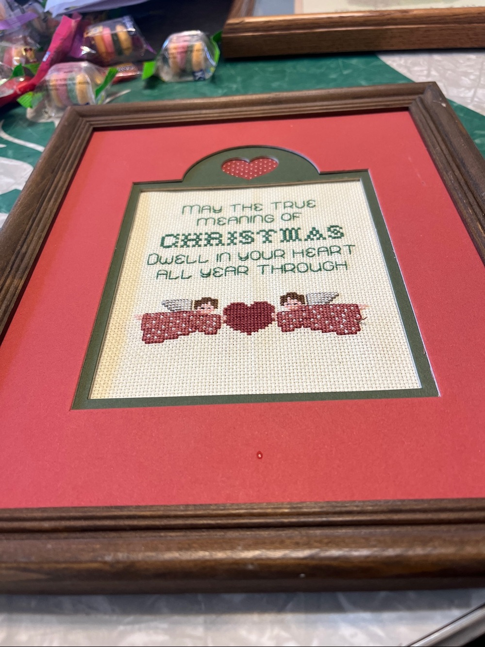 Framed Christmas Cross-Stitch Wall Art - Red and Green